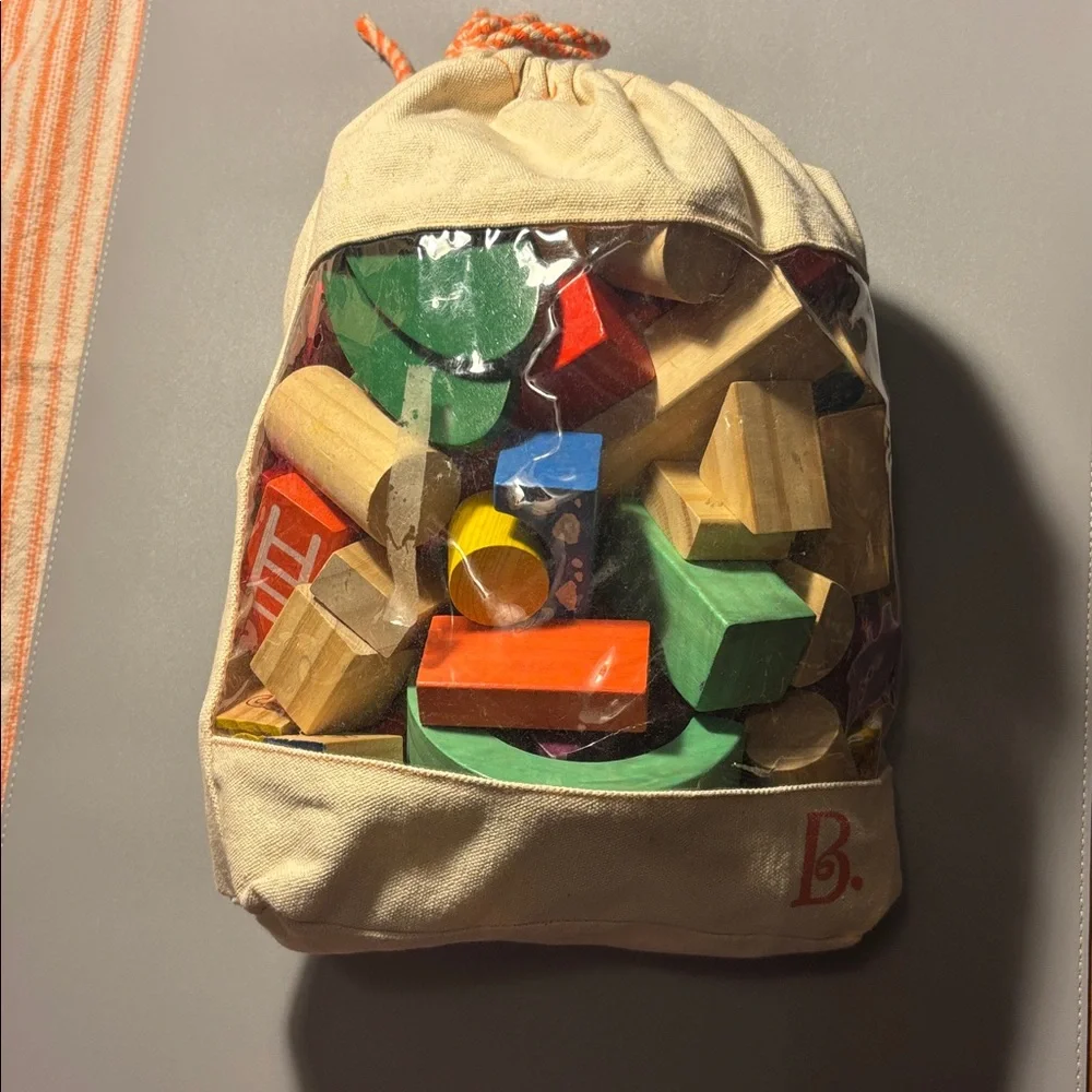 Colorful Wooden Block Set in Canvas Bag